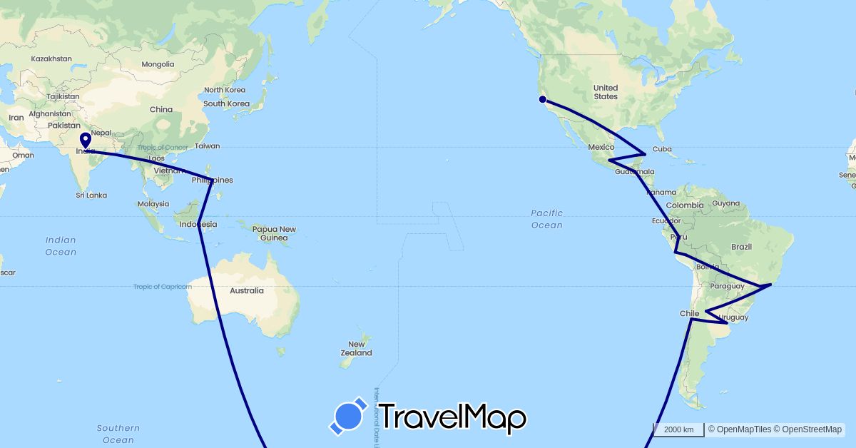 TravelMap itinerary: driving in Argentina, Brazil, Chile, Guatemala, Indonesia, India, Mexico, Peru, Philippines, United States (Asia, North America, South America)