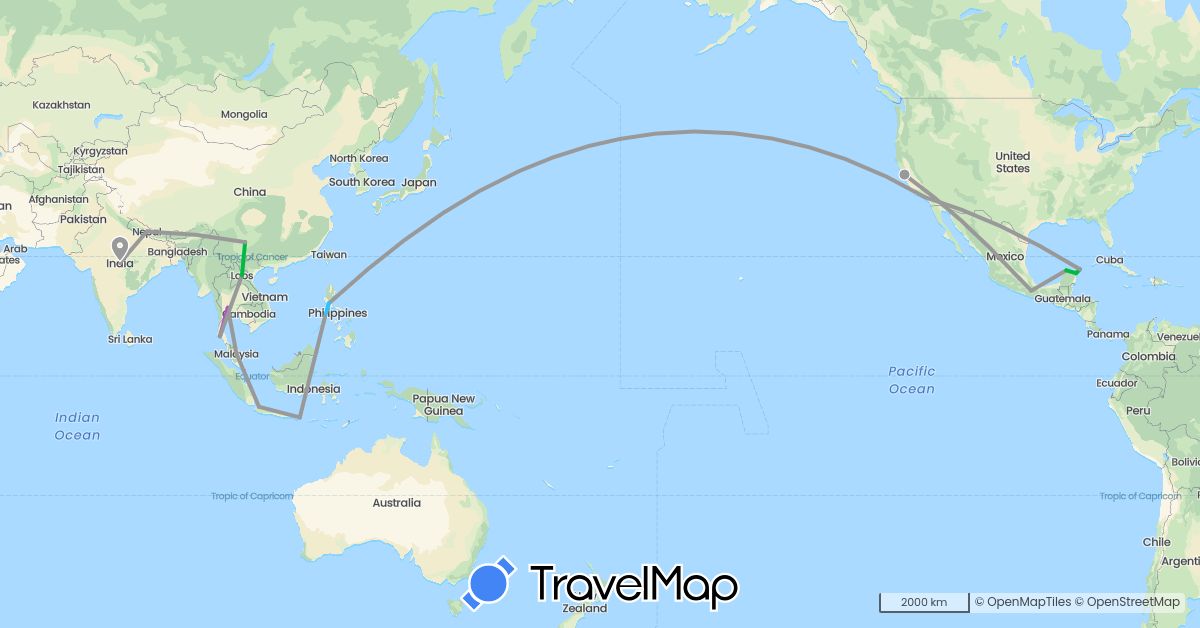 TravelMap itinerary: driving, bus, plane, train, boat in Indonesia, India, Laos, Mexico, Malaysia, Nepal, Philippines, Thailand, United States (Asia, North America)