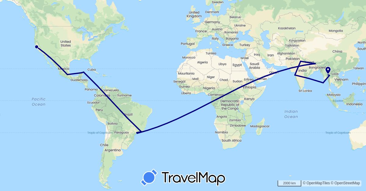 TravelMap itinerary: driving in Brazil, India, Mexico, Thailand, United States (Asia, North America, South America)