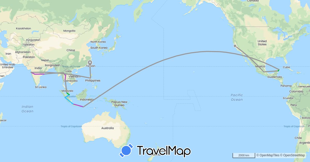 TravelMap itinerary: driving, bus, plane, train, boat in Indonesia, India, Mexico, Malaysia, Philippines, Singapore, Thailand, Taiwan, United States (Asia, North America)