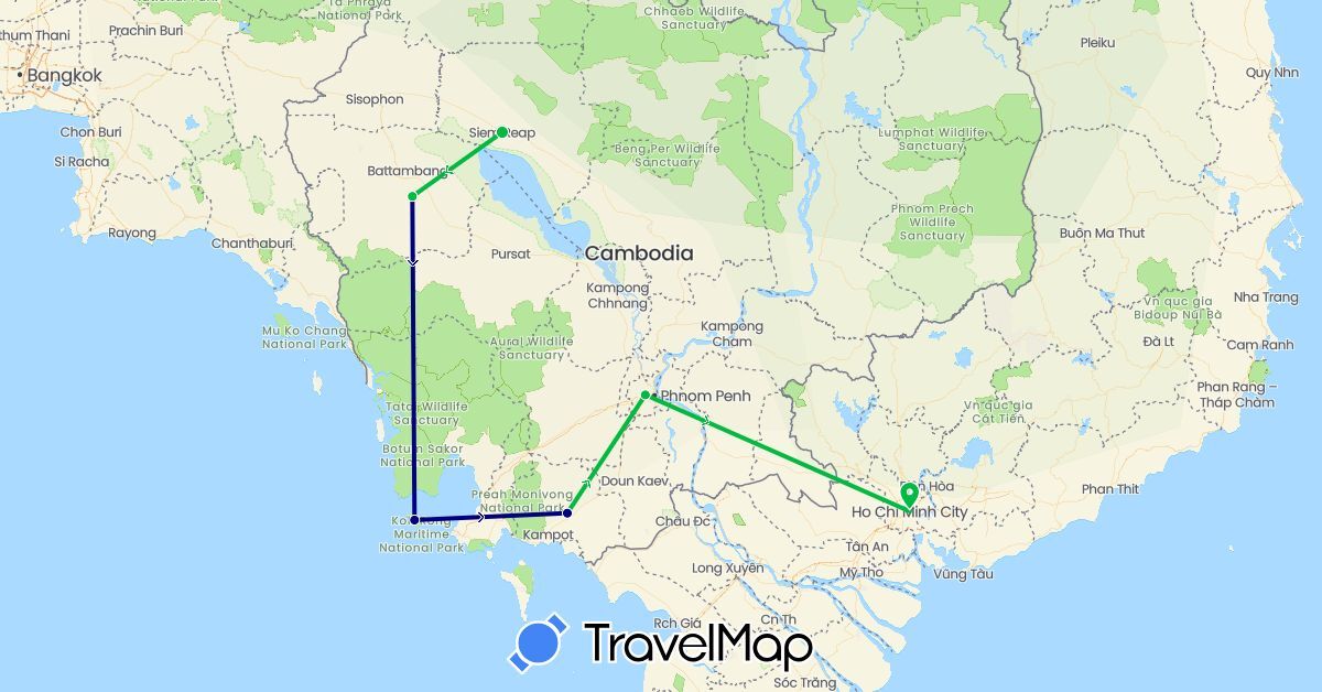 TravelMap itinerary: driving, bus in Cambodia, Vietnam (Asia)